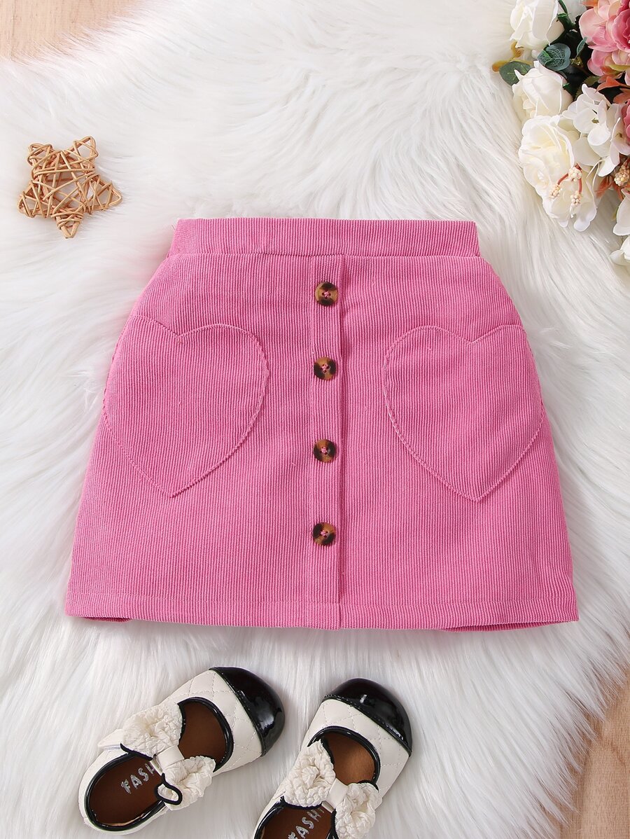 SHEIN 年轻女孩爱心补丁纽扣前裙 - 玫紅色 - 查看 1