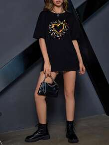 SHEIN Unity Heart Print Drop Shoulder Tee - Black - View 1