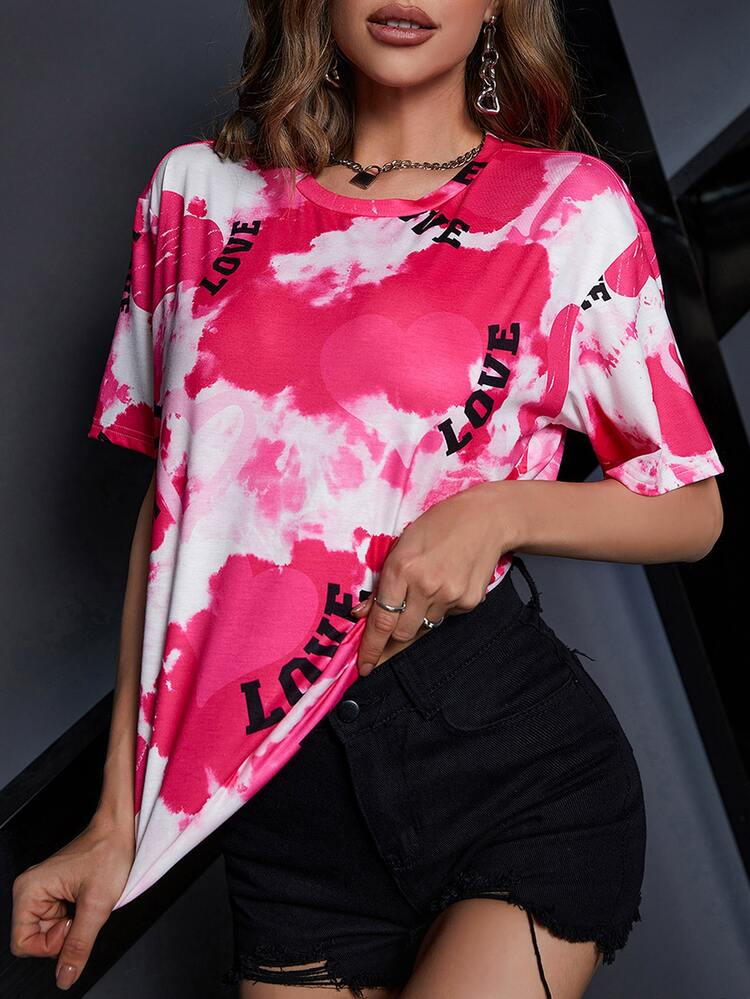 SHEIN Unity 紮染字母圖案落肩T恤 - 紅白色 - 查看 3