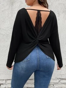 SHEIN LUNE Camiseta de hombros caídos girante de espalda abierta con encaje - Negro - Ver 1