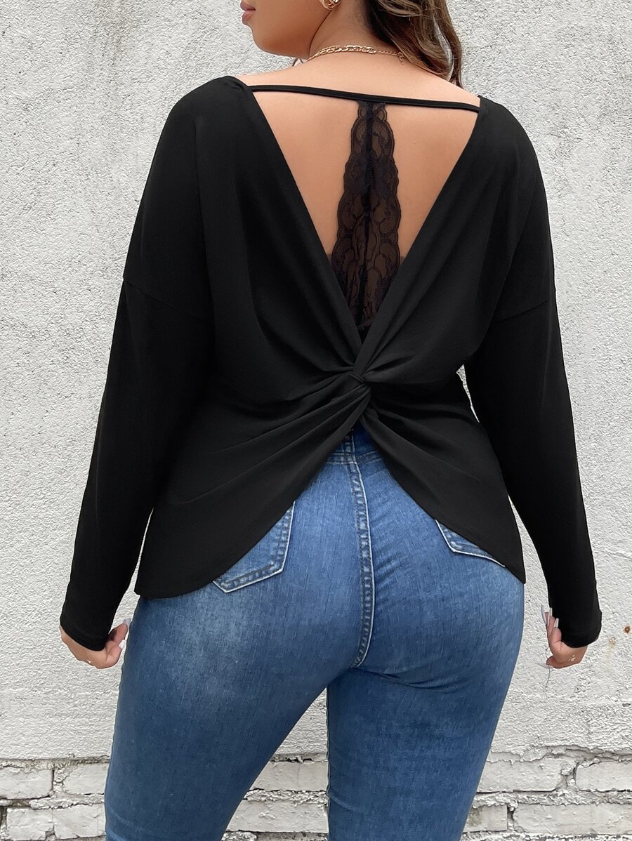 SHEIN LUNE Camiseta de hombros caídos girante de espalda abierta con encaje - Negro - Ver 1