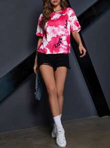 SHEIN Unity 紮染字母圖案落肩T恤 - 紅白色 - 查看 5