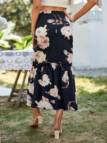 SHEIN VCAY 印花高衩荷葉邊半身裙 - 黑色 - 查看 3