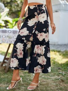 SHEIN VCAY 印花高衩荷葉邊半身裙 - 黑色 - 查看 5