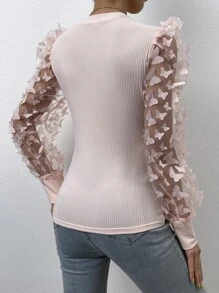 SHEIN Privé Appliques Contrast Mesh Sleeve Top - Pink - View 2