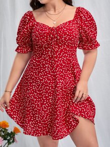 SHEIN VCAY Plus Confetti Heart Print Sweetheart Neck Puff Sleeve Drawstring Front Dress - Red - View 1