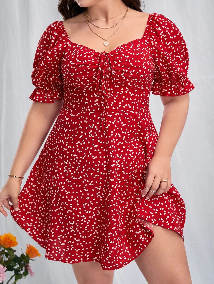 SHEIN VCAY Plus Confetti Heart Print Sweetheart Neck Puff Sleeve Drawstring Front Dress - Red - View 1