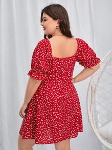 SHEIN VCAY Plus Confetti Heart Print Sweetheart Neck Puff Sleeve Drawstring Front Dress - Red - View 2