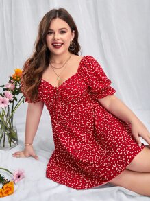 SHEIN VCAY Plus Confetti Heart Print Sweetheart Neck Puff Sleeve Drawstring Front Dress - Red - View 5