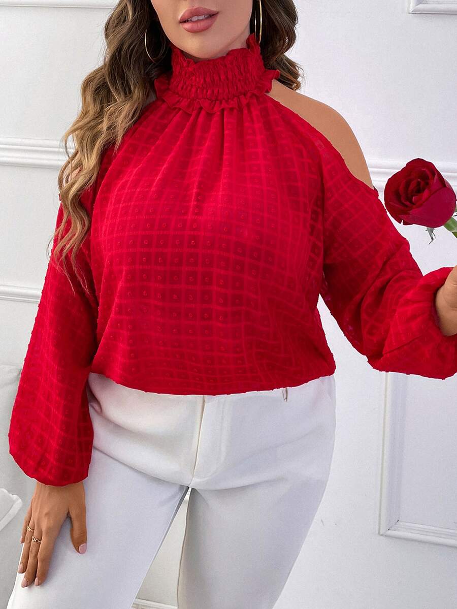 Celure Plus Cold Shoulder Lantern Sleeve Blouse - Red - View 1