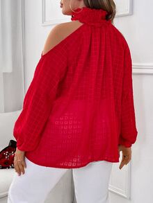 Celure Plus Cold Shoulder Lantern Sleeve Blouse - Red - View 2