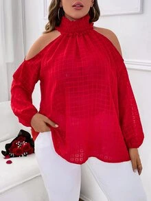 Celure Plus Cold Shoulder Lantern Sleeve Blouse - Red - View 3