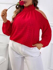 Celure Plus Cold Shoulder Lantern Sleeve Blouse - Red - View 4