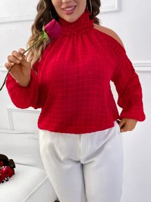 Celure Plus Cold Shoulder Lantern Sleeve Blouse - Red - View 5