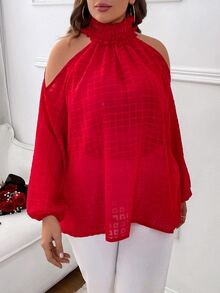 Celure Plus Cold Shoulder Lantern Sleeve Blouse - Red - View 6