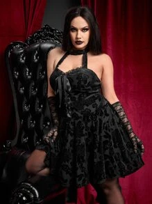 ROMWE PUNK Plus Jacquard Halter Neck Backless Velvet Dress Without Gloves - Black - View 1