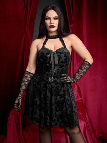 ROMWE PUNK Plus Jacquard Halter Neck Backless Velvet Dress Without Gloves - Black - View 6