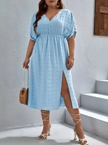 SHEIN VCAY Vestido de lunares fruncido de muslo con abertura - Celeste - Ver 2