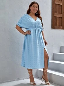 SHEIN VCAY Vestido de lunares fruncido de muslo con abertura - Celeste - Ver 1