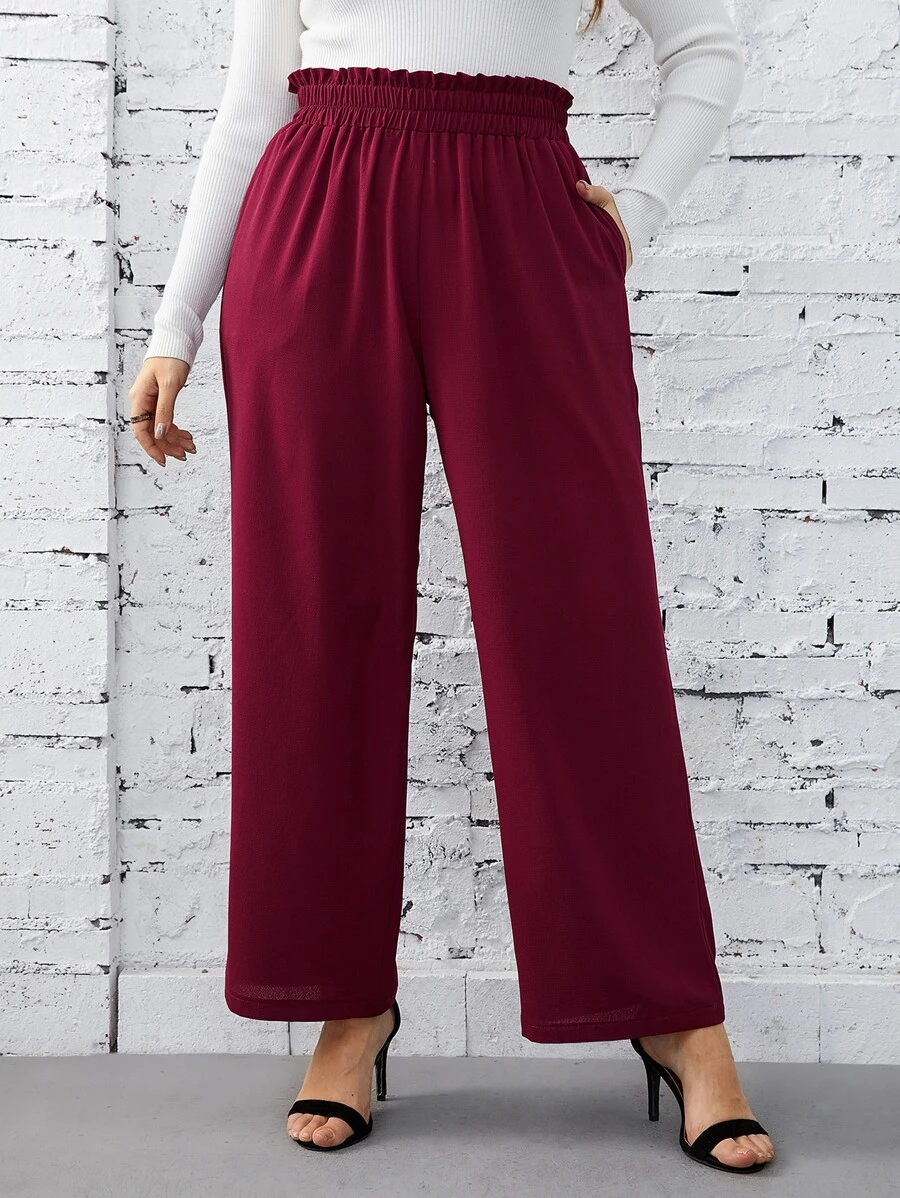 SHEIN Privé Plus Paperbag Waist Slant Pocket Trousers - Burgundy - View 1