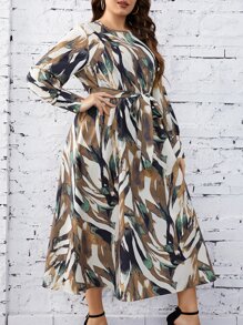 SHEIN VCAY Plus Allover Print Belted Dress - Multicolor - View 4