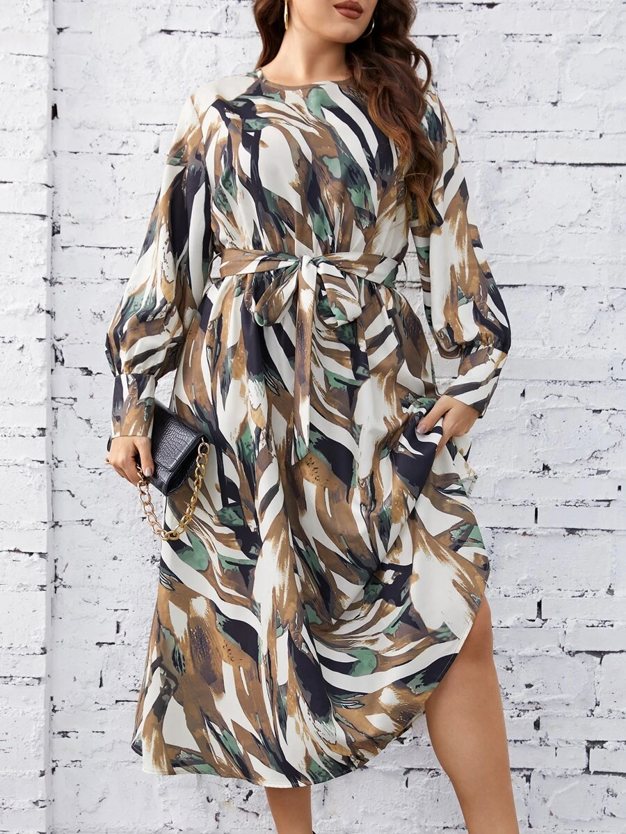 SHEIN VCAY Plus Allover Print Belted Dress - Multicolor - View 1