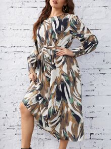 SHEIN VCAY Plus Allover Print Belted Dress - Multicolor - View 5
