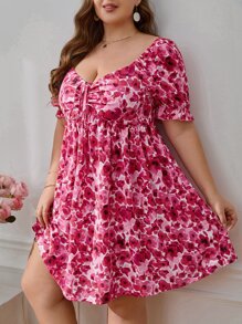 SHEIN VCAY Plus Floral Print Sweetheart Neck Puff Sleeve Ruched Bust Dress - Multicolor - View 5