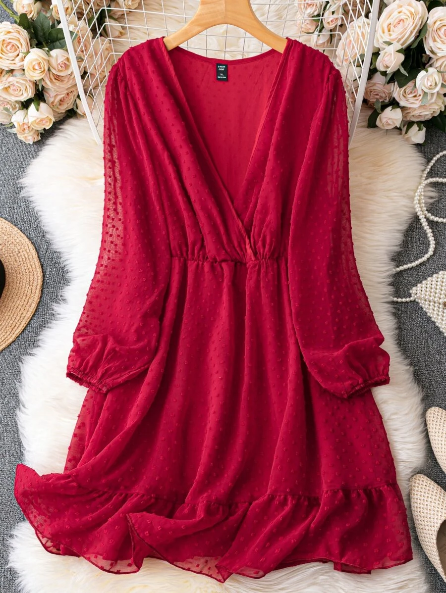 SHEIN LUNE Vestido de lunares de cuello cruzado bajo con fruncido - Burdeos - Ver 1