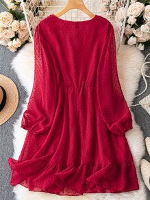 SHEIN LUNE Vestido de lunares de cuello cruzado bajo con fruncido - Burdeos - Ver 2