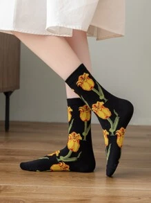 Floral Pattern Crew Socks - Multicolor - View 1