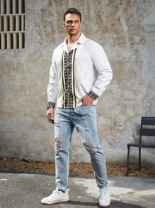 Manfinity Men Plus Geo Print Lapel Neck Shirt - White - View 6