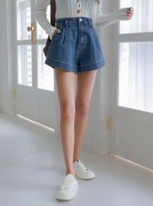 DAZY 高腰字母貼片寬腿牛仔短褲