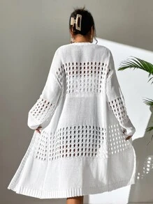 Chiquease Pointelle Knit Drop Shoulder Duster Cardigan - White - View 2