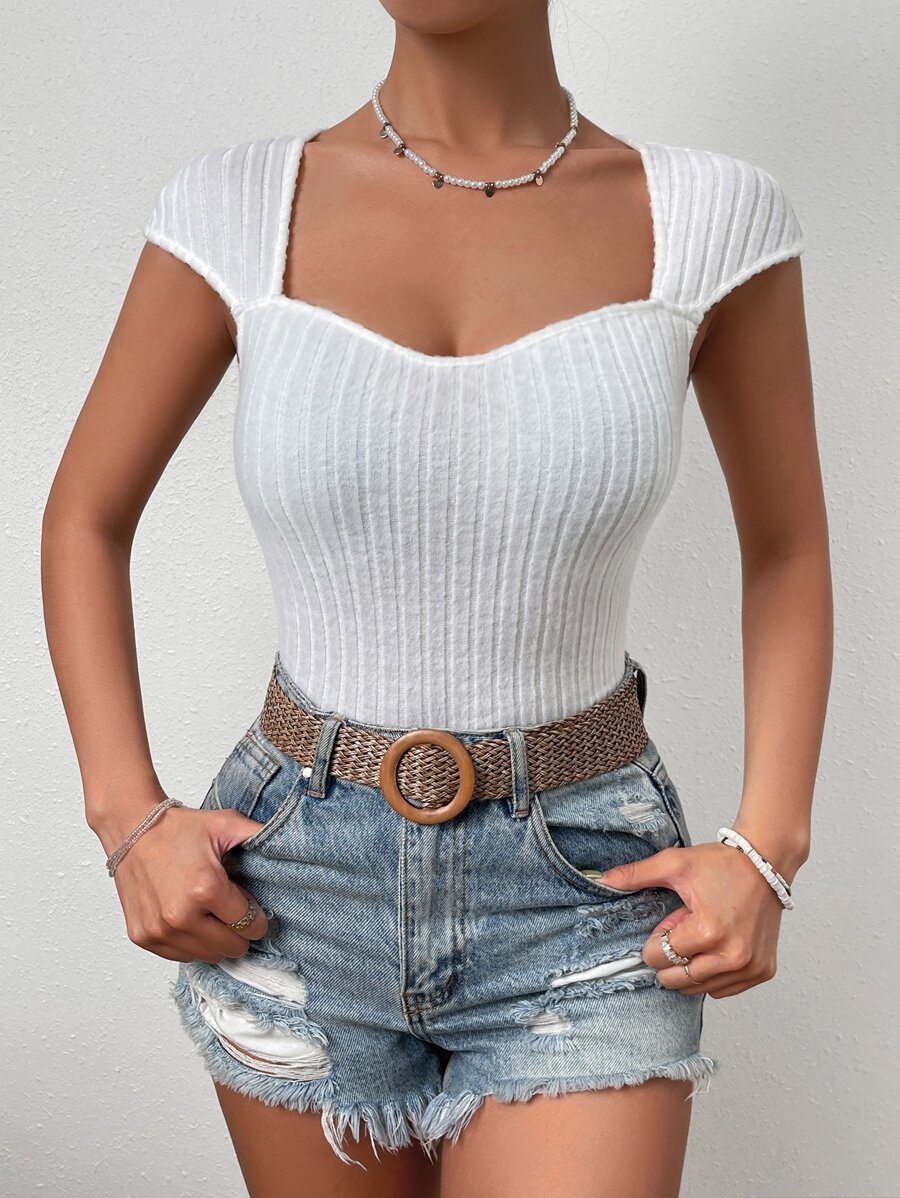 SHEIN Privé Sweetheart Neck Ribbed Knit Tee - White - View 1