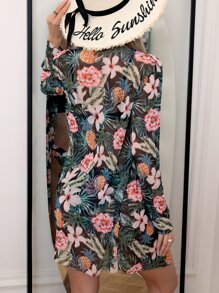 SHEIN Swim 夏季沙灘花卉扭結推擠泳衣套裝，附花短衣 - 彩色 - 查看 2