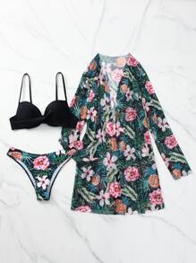 SHEIN Swim 夏季沙灘花卉扭結推擠泳衣套裝，附花短衣 - 彩色 - 查看 5