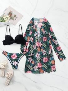 SHEIN Swim 夏季沙灘花卉扭結推擠泳衣套裝，附花短衣 - 彩色 - 查看 7