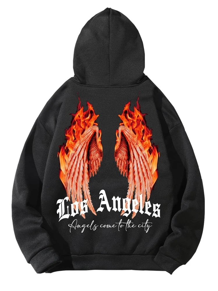 Manfinity EMRG Hombres Capucha con estampado de alas y letra con forro térmico con cordón - Negro - Añade 8