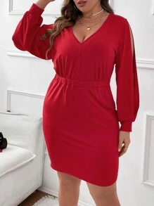 Celure Vestido ajustado de manga con abertura - Rojo - Ver 3