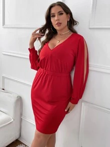 Celure Vestido ajustado de manga con abertura - Rojo - Ver 4