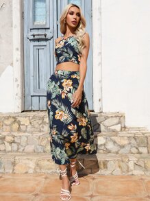 SHEIN VCAY Tropical Print Cami Top & Skirt - Navy Blue - View 6