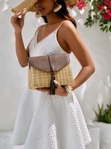 SHEIN VCAY Two Tone Tassel Decor Flap Straw Bag - Brown - View 1