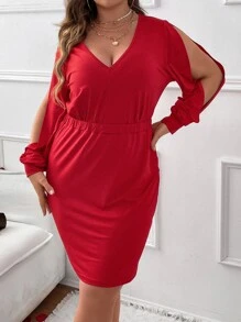 Celure Vestido ajustado de manga con abertura - Rojo - Ver 7