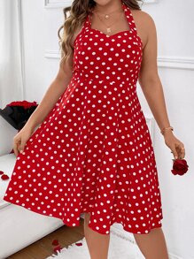 SHEIN Clasi Plus Polka Dot Print Backless Halter Neck Dress For New Year Clothes - Red - View 3