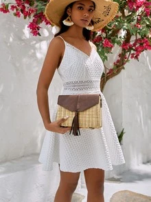 SHEIN VCAY Two Tone Tassel Decor Flap Straw Bag - Brown - View 4