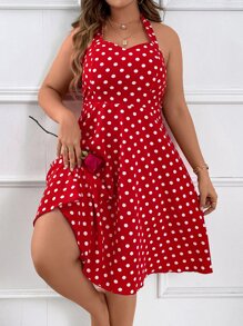 SHEIN Clasi Plus Polka Dot Print Backless Halter Neck Dress For New Year Clothes - Red - View 4
