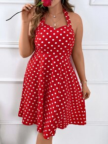SHEIN Clasi Plus Polka Dot Print Backless Halter Neck Dress For New Year Clothes - Red - View 6