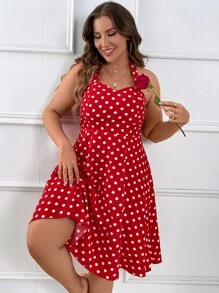 SHEIN Clasi Plus Polka Dot Print Backless Halter Neck Dress For New Year Clothes - Red - View 8