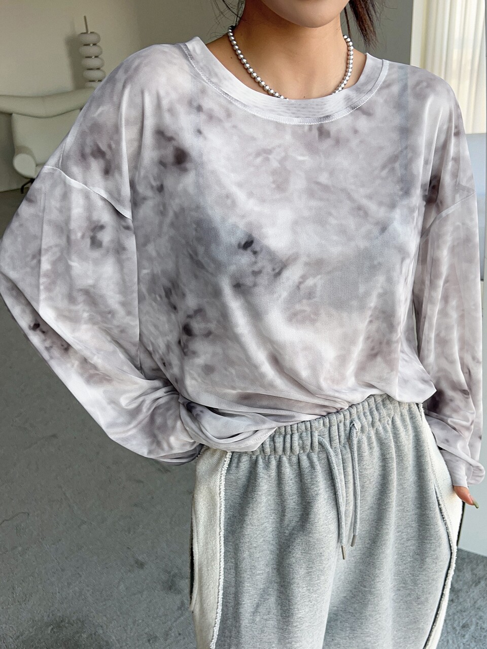 Tie Dye Drop Shoulder Mesh Top Without Bra